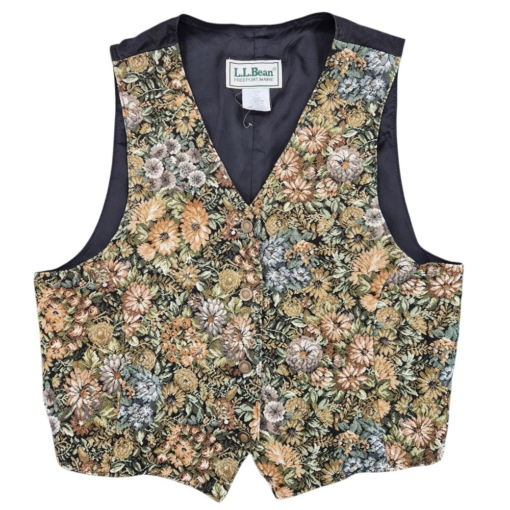 LL Bean Vintage Floral Tapestry Vest Womens 16 Black Made in USA H233